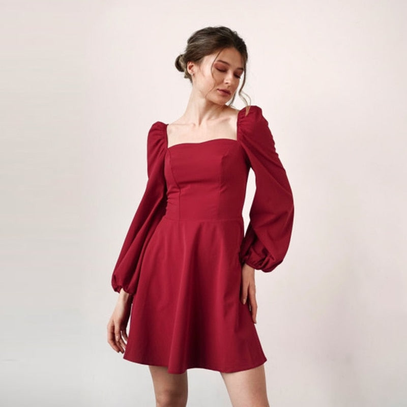 Women Puff Sleeve Casual Mini Dress Square Neck Backless Slim A-line Party Dress Female Vintage Elegant Pink Dresses Spring