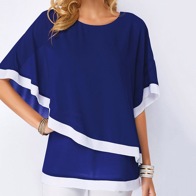 maoxiangshop Blouses For WomenNew Patchwork Double Layer Tops Casual Batwing Tunic Autumn New Chiffon Shirts