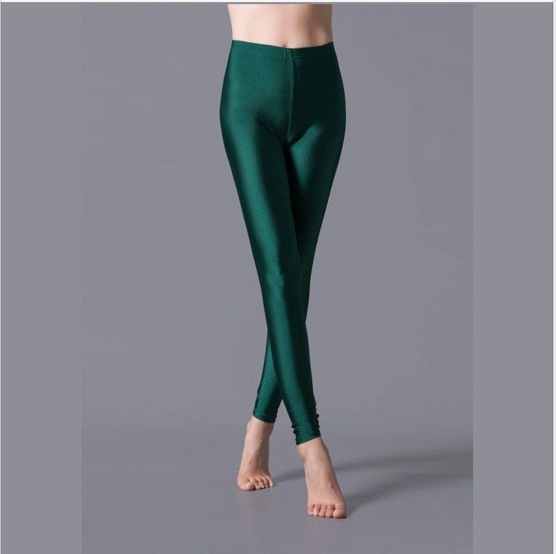 maoxiangshop Women Shiny Gym Pants Fitness Leggings Candy Color Ankle Length Trousers Solid Fluorescent Spandex Elastic New Bottom