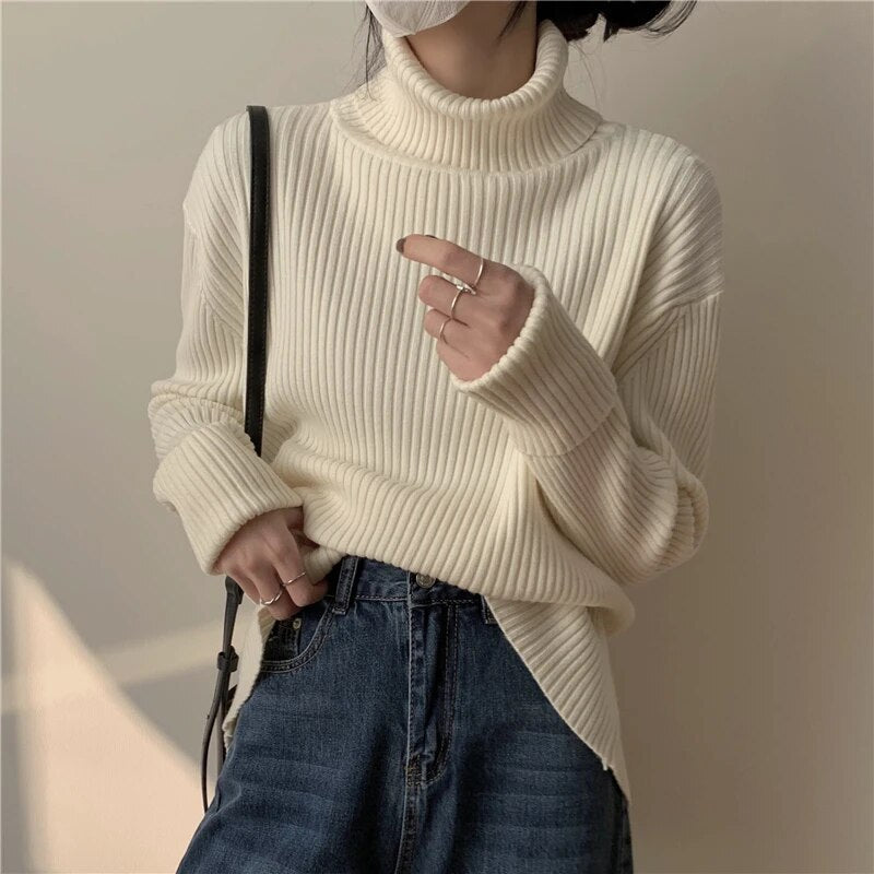 maoxiangshop Fashion Women Sweaters Streetwear Wool Pullovers Turtleneck Knitted Long Sleeve Top Black Korean Style Winter Clothes Woman