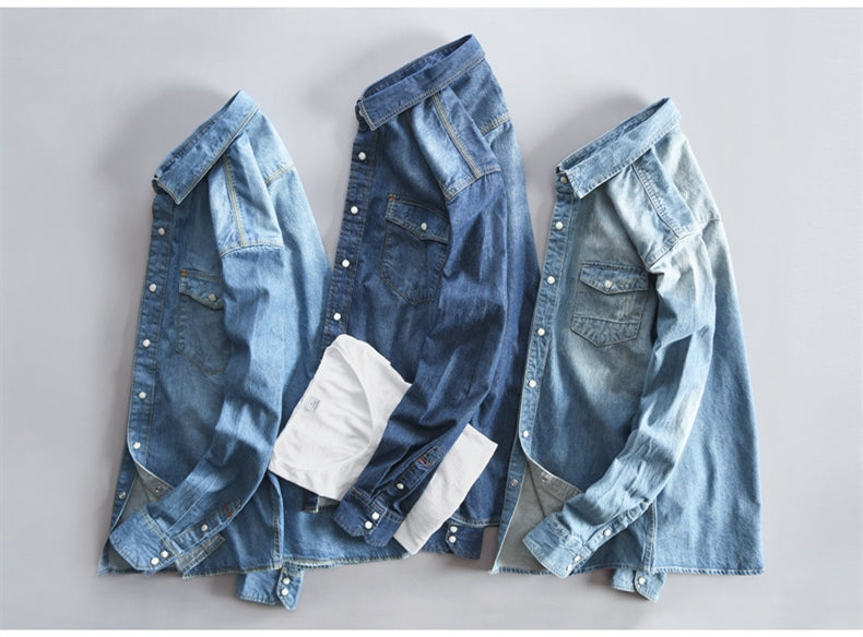 maoxiangshop Men's long-sleeved solid denim shirt fashion brand Classic retro denim Pocket decoration Business shirt Spring and Autumn Tops