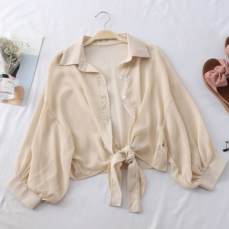 maoxiangshop Chiffon Shirts Women Summer Half Sleeve Buttoned Up Shirt Loose Casual Blouse Tied Waist Elegant Blouses For Women