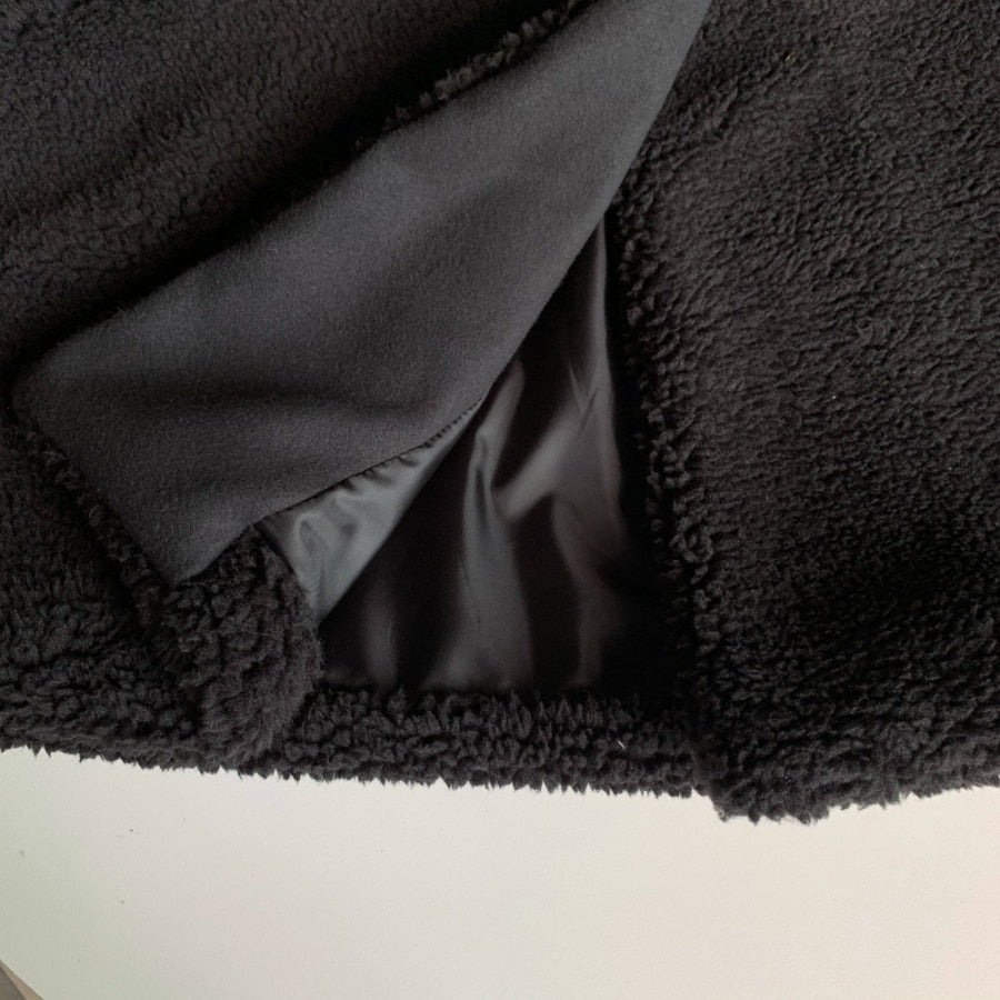 maoxiangshop Women Woolen Coat Mid-Length Black Jacket Autumn Winter Overcoat Chic Fleece Office Lady Elegant Outwear Coats Wool Blend 1
