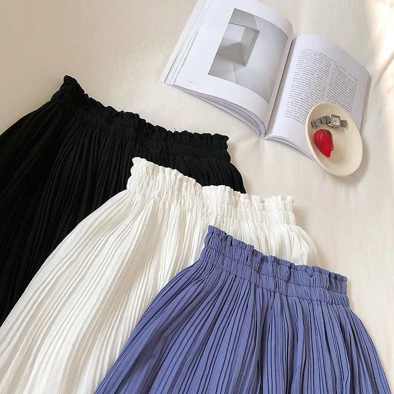 maoxiangshop Solid Chiffon Summer Shorts Skirt Women Fashion Elastic Waist Pleated Mini Skirt Casual Beach Faldas Saias