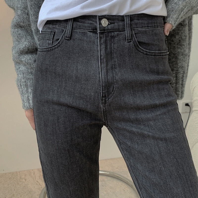 maoxiangshop Spring And Autumn Women's Casual Solid Color High-rise Slim Straight-leg Jeans