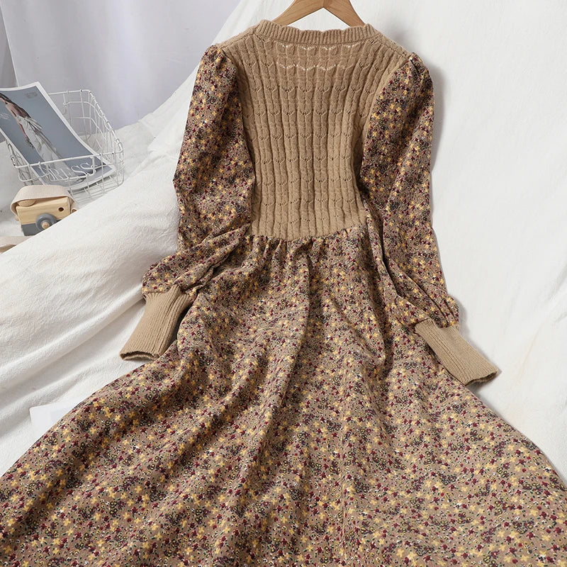 maoxiangshop Corduroy Floral Women Dresses Vintage Knitted Patchwork Vestidos De Mujer Sweet Korean Long Dress A-line