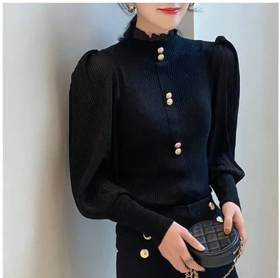 New Autumn Korean Vintage Half Turtleneck Cardigan Women Long Sleeve Single Breasted Sweater Japanese Sweet Slim Fit Tops
