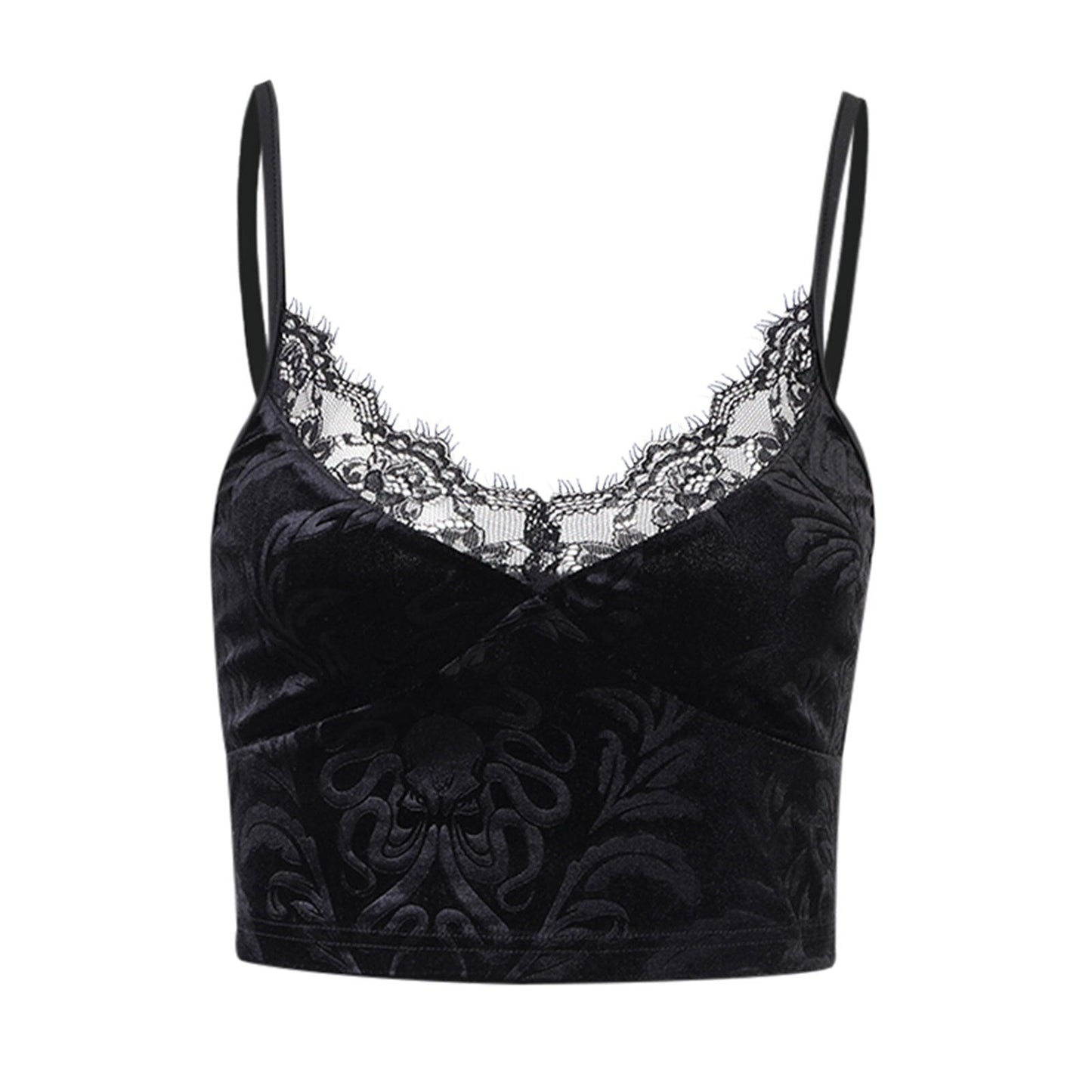 maoxiangshop Women Casual Sexy Camisole Black Floral Lace Hem V-neck Sleeveless Camis Gothic Crop Tops Ladies Tank Tops Skinny Clubwear