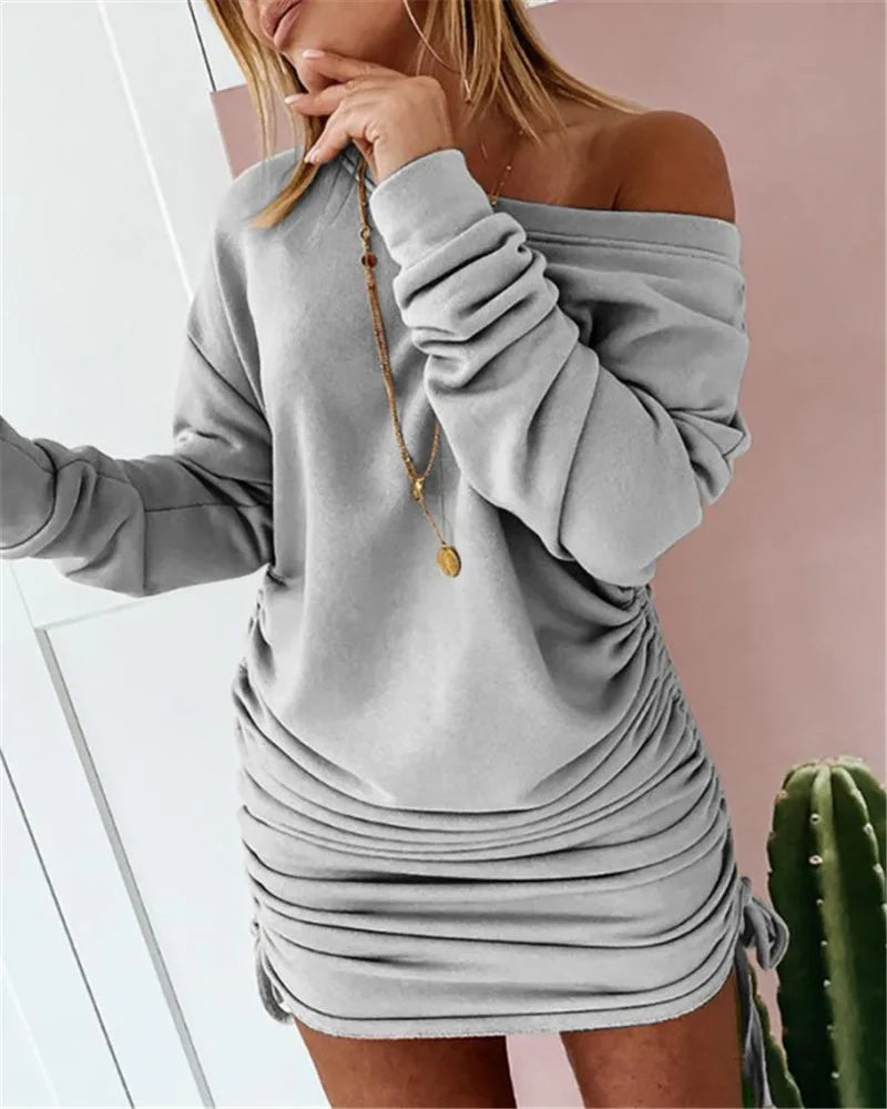 maoxiangshop New Dresses Women Mini Dress Ladies Casual Women's Dress Sexy Drawstring Pleated Long Sleeve Party Dress Sukienka