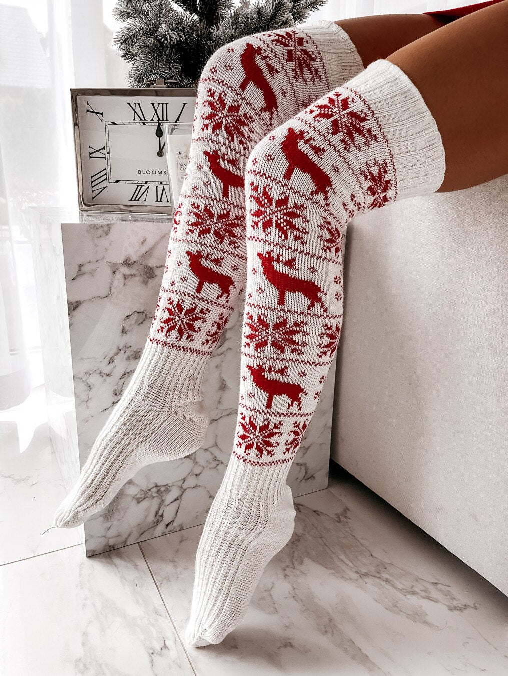 maoxiangshop Christmas Women Knitted Cotton Woolen Stocking Warm Thigh High Over the Knee Cute Deer Printing Socks Twist Cable Crochet