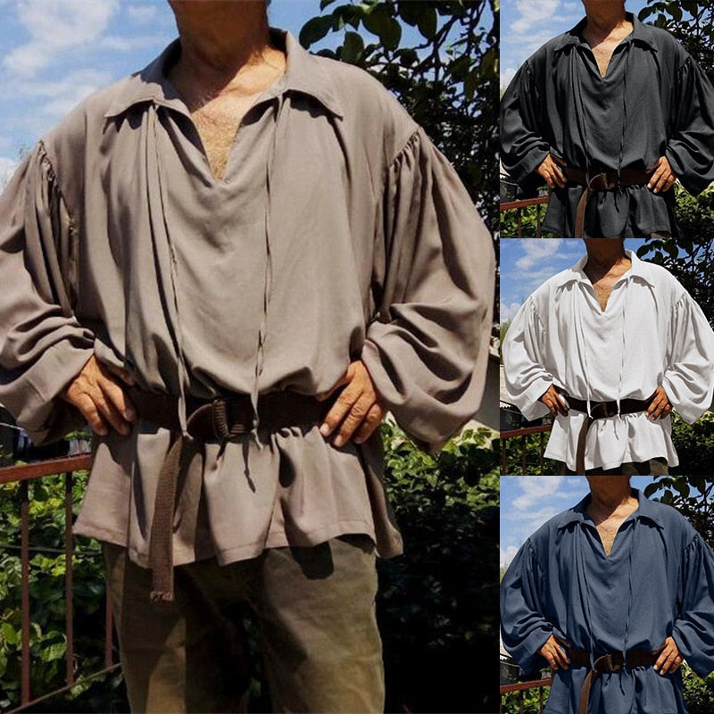 maoxiangshop Adult Men Larp Pirate Shirt Tops Medieval Renaissance Lacing Up Bandage Vintage Costume Fluffy Sleeve Blouse Vampire Cosplay
