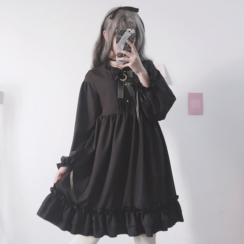 maoxiangshop In Wondeland Cute Women's Lolita OP Dress Flouncing Lace Trim Japanese Harajuku Long Sleeves Doll Dress Fairy Vestidos