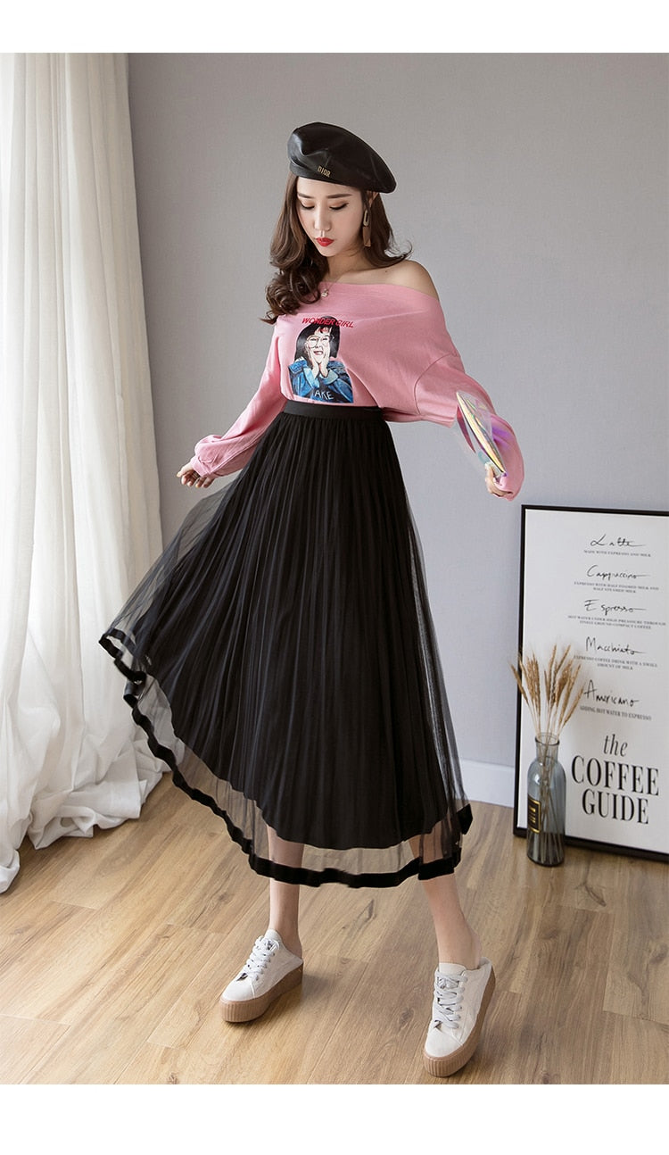 maoxiangshop Mesh Skirt Autumn Winter Velvet Solid Color Elastic Waist Slim Pleated Skirts Womens Chic High Waist Women Skir