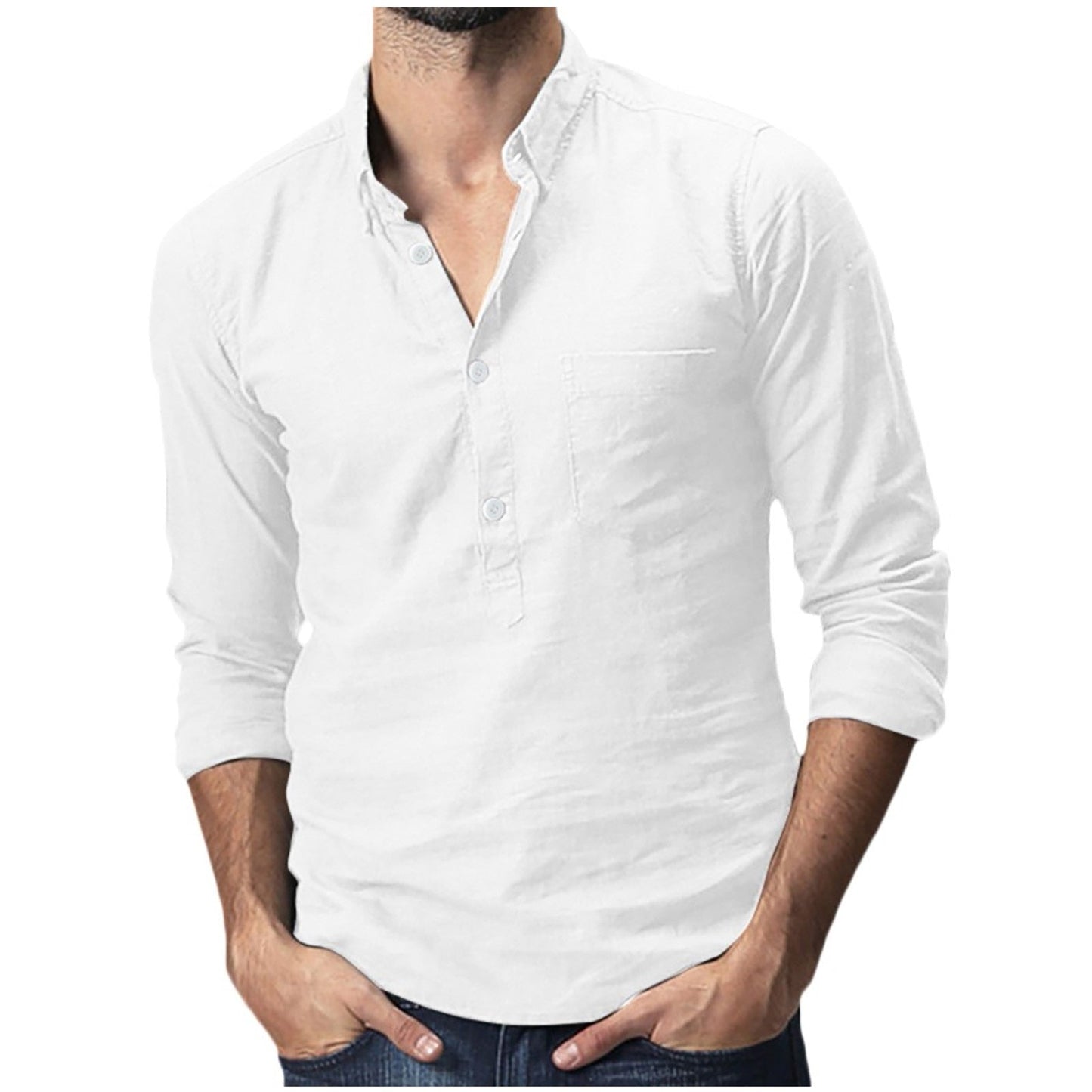 maoxiangshop Summer Hawaiian Shirt Men's Baggy Cotton Linen Solid Pocket Long Sleeve Turn-down Collar Shirts Tops M-3xl Camisas Hombre