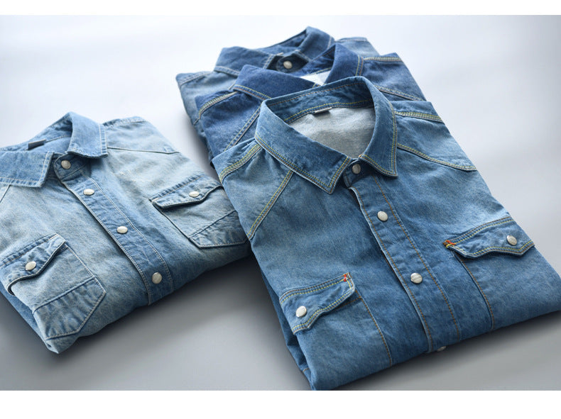 maoxiangshop Men's long-sleeved solid denim shirt fashion brand Classic retro denim Pocket decoration Business shirt Spring and Autumn Tops