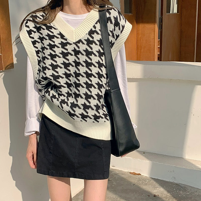 Y2K Houndstooth Vest Pullover Women's Knitted Vest New Autumn and Winter Loose Korean Outdoor Sweater Waistcoat