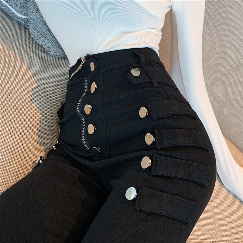 maoxiangshop Spring Autumn New fashion jeans Women Double Breasted Decoration high Waist Black Elastic Slim Casual Pencil Pants