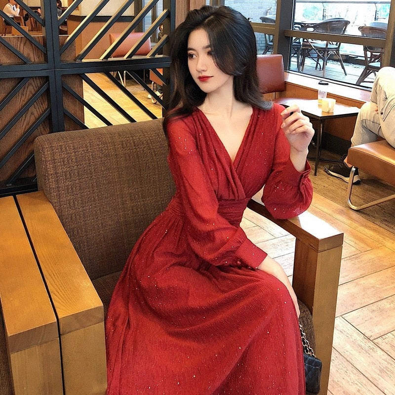 maoxiangshop Solid Elegant Dress Women Autumn Sequin Party Midi Dress Female Casual Chiffon Slim Korean Dress Autumn Women's Clothing