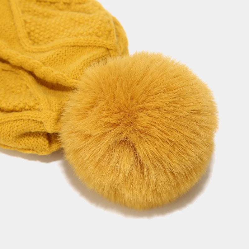 maoxiangshop - 3 PCS Hat Glove Scarf Sets Winter Warm Knitted Touch Screen Gloves Woolen Plush Pom Pom Beanies Thickened Coldproof Scarves Suit