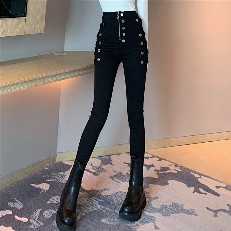 maoxiangshop Spring Autumn New fashion jeans Women Double Breasted Decoration high Waist Black Elastic Slim Casual Pencil Pants
