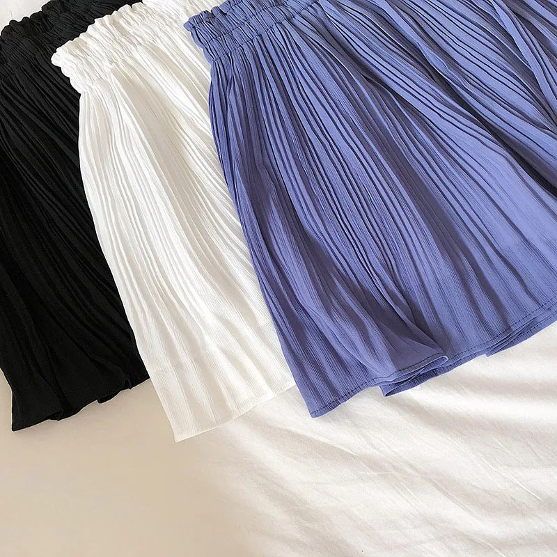 maoxiangshop Solid Chiffon Summer Shorts Skirt Women Fashion Elastic Waist Pleated Mini Skirt Casual Beach Faldas Saias