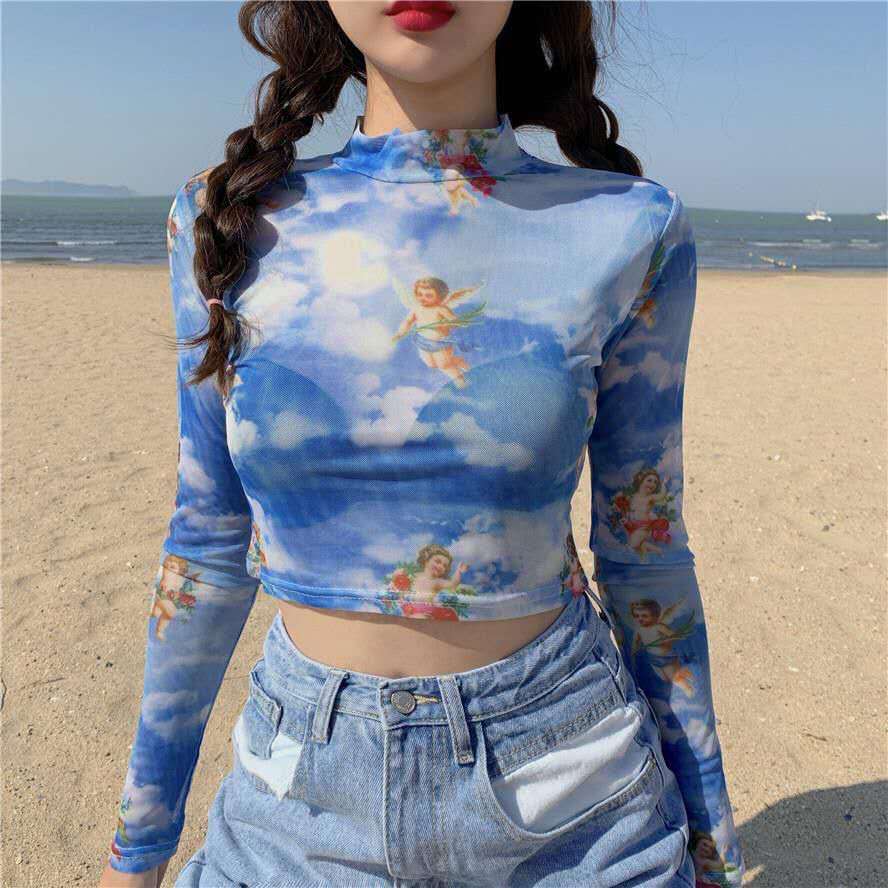 maoxiangshop Angel Print Sheer Blue Black Mesh Long Sleeve Blouse Shirts Women Spring Summer Pullovers Elegant Sexy See Through Tops