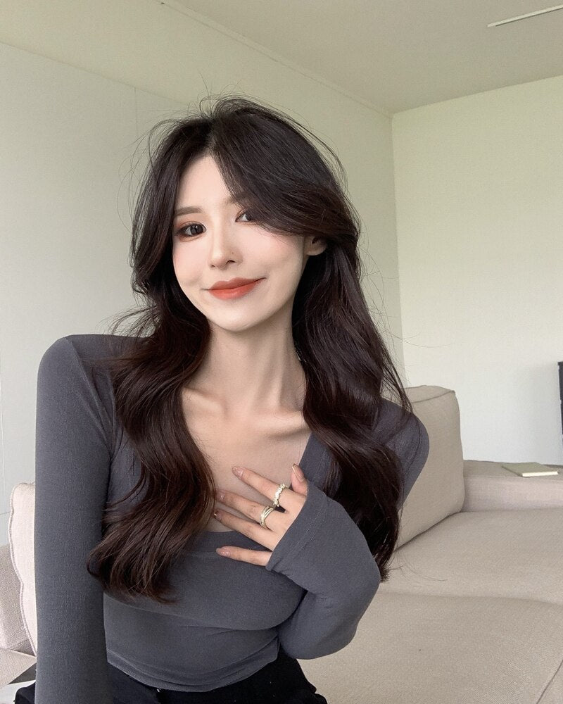 maoxiangshop Soft Elastic Tees Women U-neck Cropped T-shirts Girls Full Sleeve Sheath Tshirt Basic Crop Tops Girls Base Undershirts