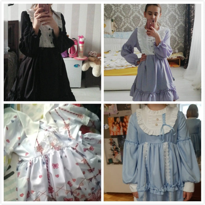 maoxiangshop In Wondeland Cute Women's Lolita OP Dress Flouncing Lace Trim Japanese Harajuku Long Sleeves Doll Dress Fairy Vestidos