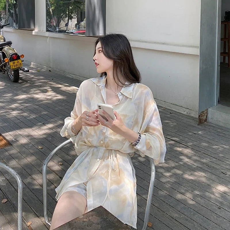 maoxiangshop 2 Pieces Sets Women Outfits Summer Sun-proof Chiffon All-match Tie Dye Loose Casual Shorts Street Ulzzang Fashion College Daily