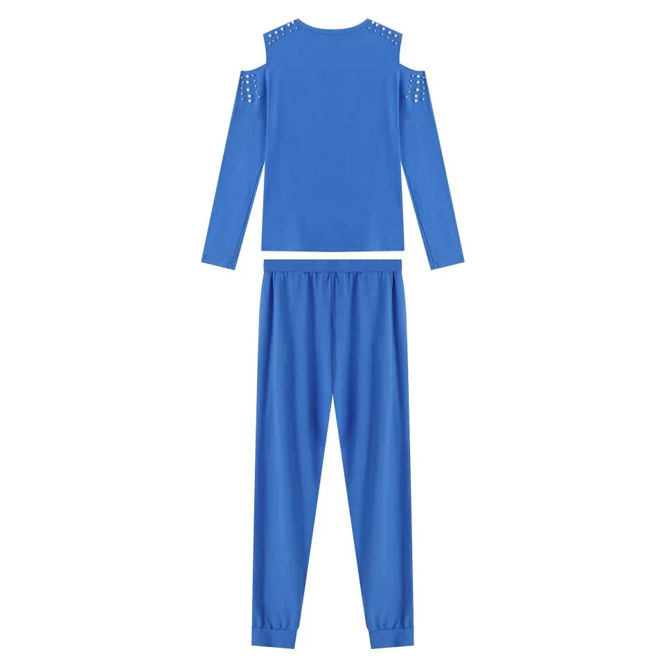 maoxiangshop Women's Casual 2 Piece Outfits Hollow Out Design Beading Decor O-Neck Long/Short Sleeve Solid Top+Drawstring Slim Pencil Pants