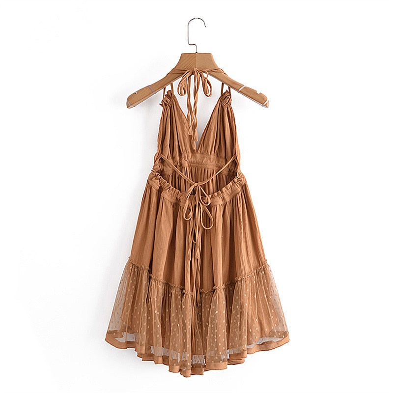 maoxiangshop Summer New Solid Color Lace Stitching V Neck Sexy Backless Mesh Short Dress Camisole Holiday Beach Dress Female