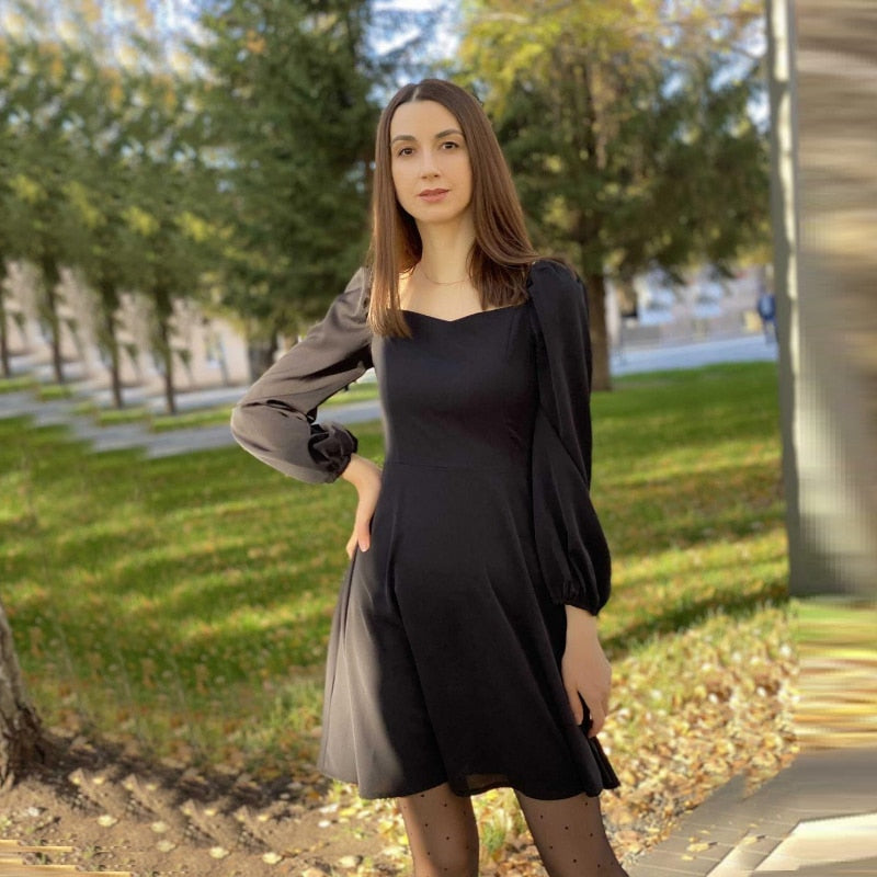 Women Puff Sleeve Casual Mini Dress Square Neck Backless Slim A-line Party Dress Female Vintage Elegant Pink Dresses Spring