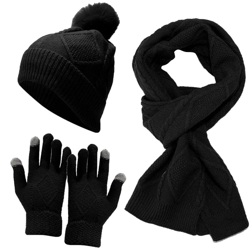 maoxiangshop - 3 PCS Hat Glove Scarf Sets Winter Warm Knitted Touch Screen Gloves Woolen Plush Pom Pom Beanies Thickened Coldproof Scarves Suit