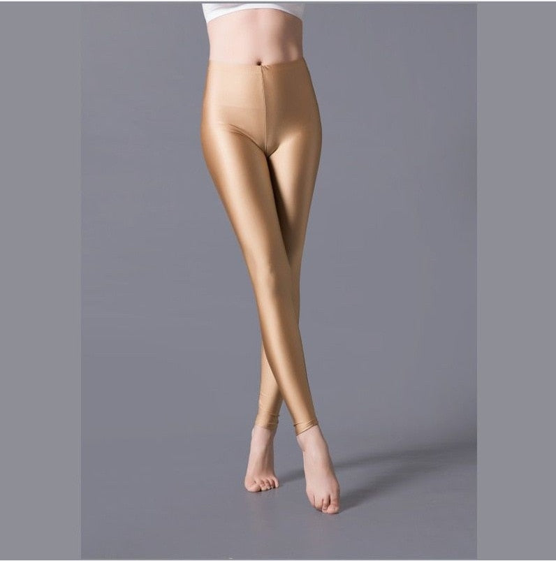 maoxiangshop Women Shiny Gym Pants Fitness Leggings Candy Color Ankle Length Trousers Solid Fluorescent Spandex Elastic New Bottom