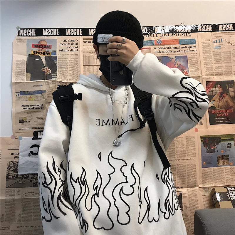 maoxiangshop Harajuku Oversized Women Hoodies Casual Flame Print Sweatshirt Korean Style Autumn Long Sleeve Hooded Female Pullovers Tops
