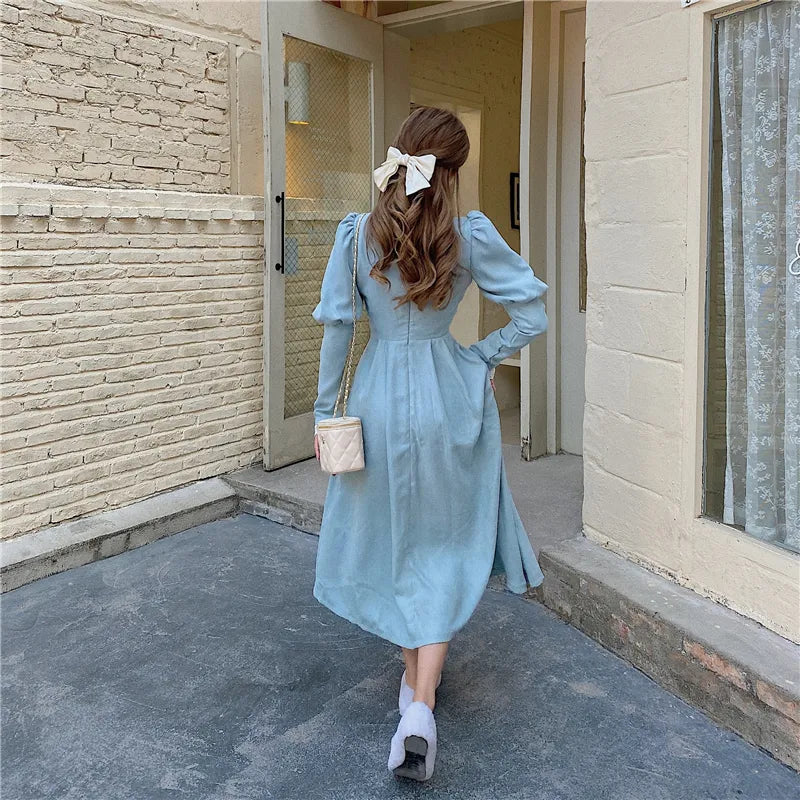 maoxiangshop Solid Elegant Dress Women Winter Patchwork Lace Party Midi Dress Female Casual French Style Sweet Kawaii Korean Dress Women