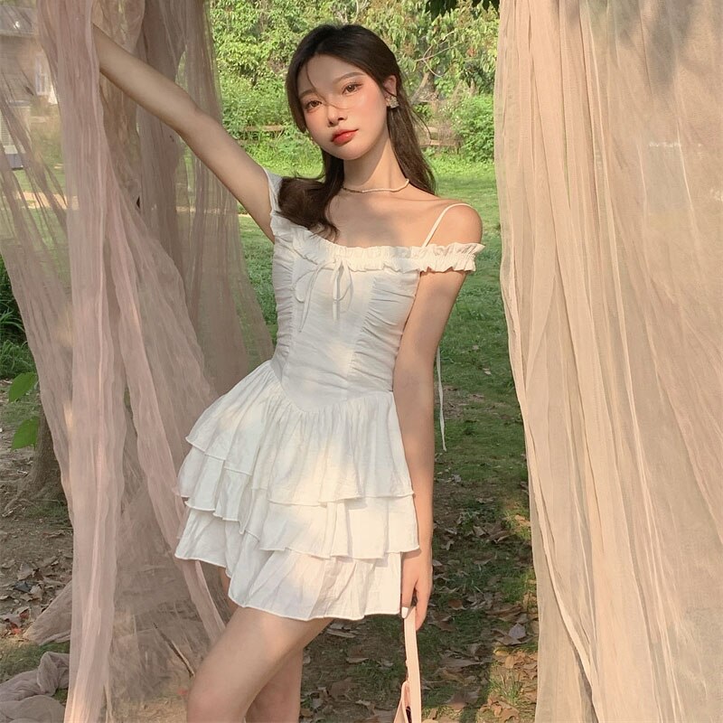 maoxiangshop Summer Kawaii Party Strap Dress Women Casual Holiday Beach Sexy Mini Dress Designer Ruffles Sweet Princess Fairy Dress Y2K