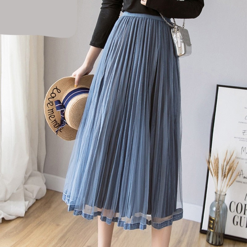 maoxiangshop Mesh Skirt Autumn Winter Velvet Solid Color Elastic Waist Slim Pleated Skirts Womens Chic High Waist Women Skir