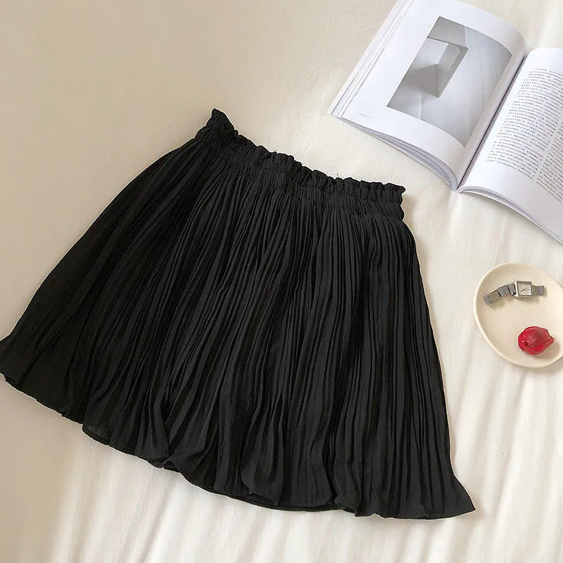 maoxiangshop Solid Chiffon Summer Shorts Skirt Women Fashion Elastic Waist Pleated Mini Skirt Casual Beach Faldas Saias