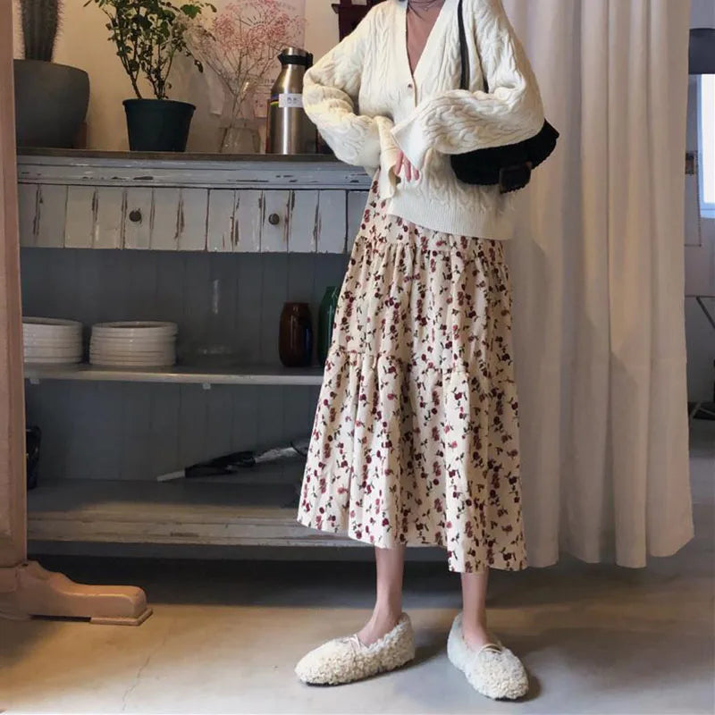 Lucyever High Waist Autumn Winter Long Skirts Women Elegant Flower Printed Midi Skirt Female Vintage Streetwear Pleated Skirt