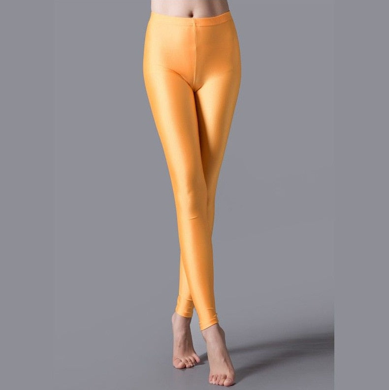 maoxiangshop Women Shiny Gym Pants Fitness Leggings Candy Color Ankle Length Trousers Solid Fluorescent Spandex Elastic New Bottom
