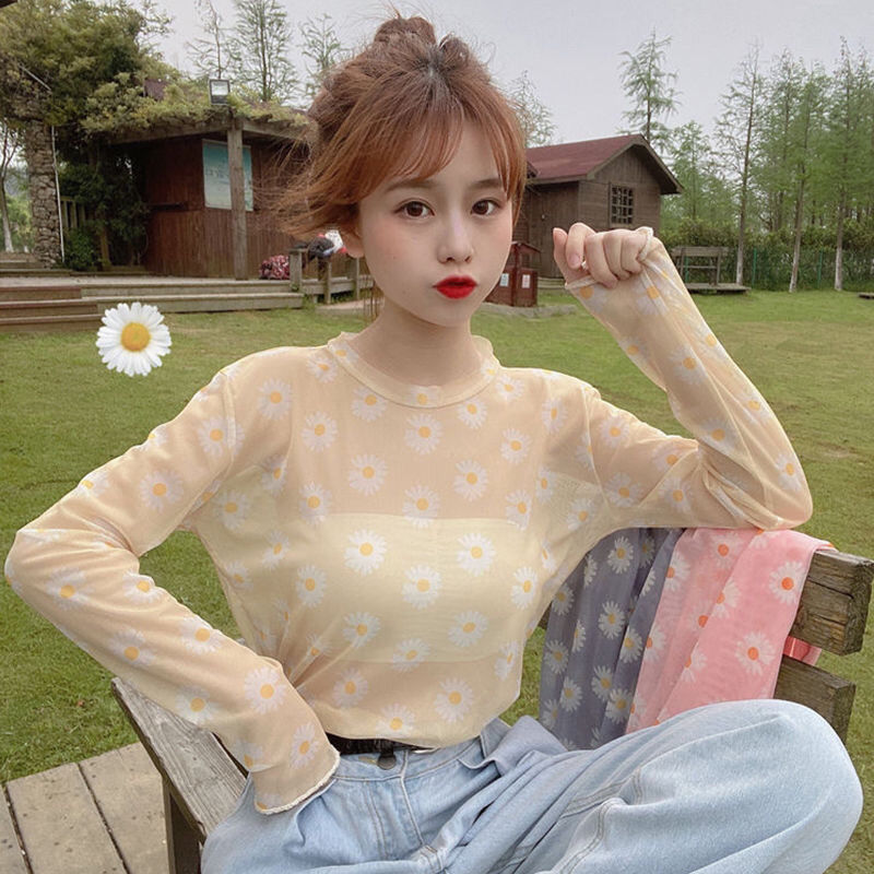 maoxiangshop Angel Print Sheer Blue Black Mesh Long Sleeve Blouse Shirts Women Spring Summer Pullovers Elegant Sexy See Through Tops