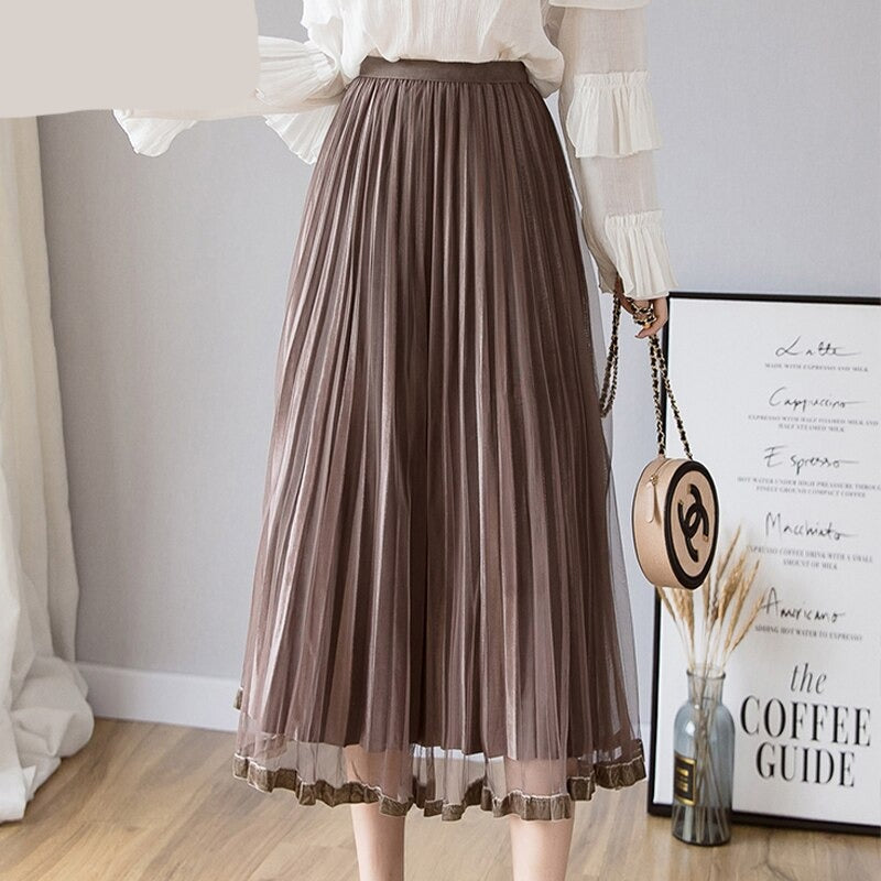 maoxiangshop Mesh Skirt Autumn Winter Velvet Solid Color Elastic Waist Slim Pleated Skirts Womens Chic High Waist Women Skir