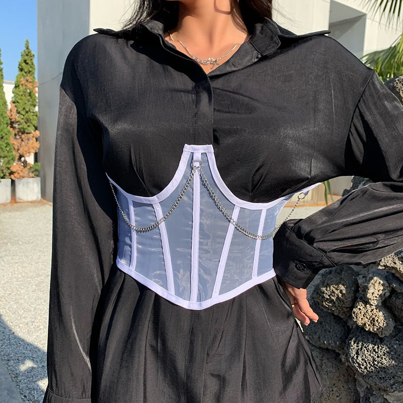 maoxiangshop Sexy Gothic Bustiers Women Waist Belt Corset Top Sexy Chain Perspective Corset Underbust Mesh Shapewear Girdle Black White