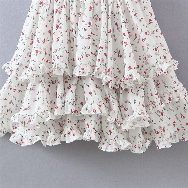 maoxiangshop Vintage Spring Summer Chic Floral Print Lace Square Neck Cute Cake Cascading Ruffled Strap Mini Dress Woman New