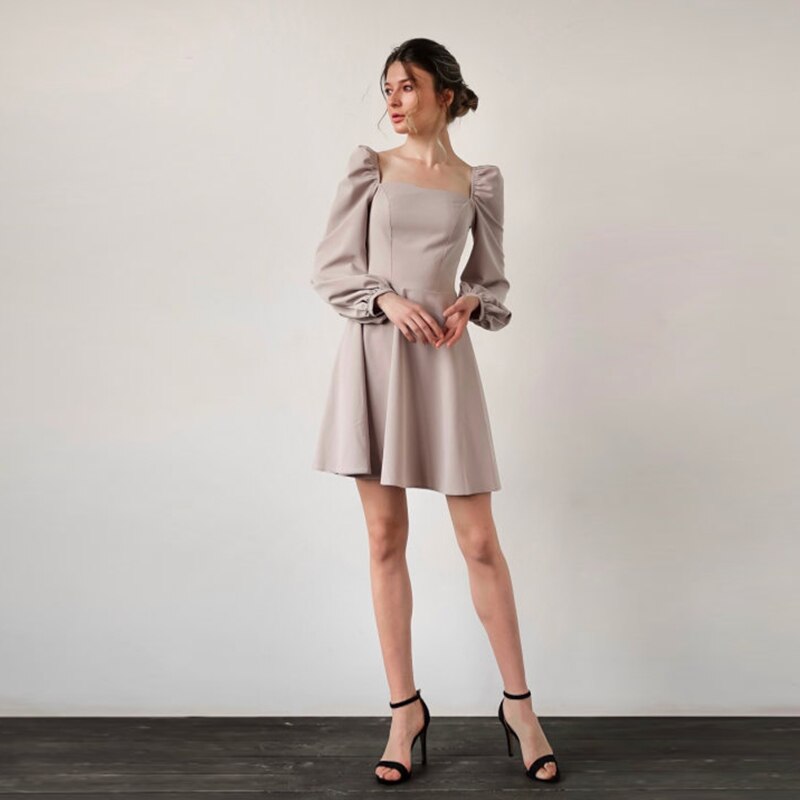 Women Puff Sleeve Casual Mini Dress Square Neck Backless Slim A-line Party Dress Female Vintage Elegant Pink Dresses Spring