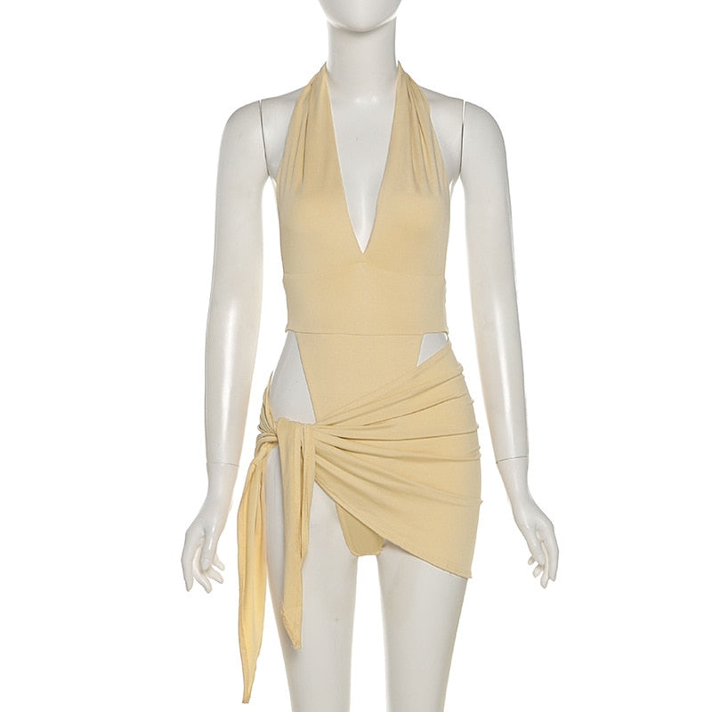 maoxiangshop Y2K Summer New Halter Strap V-Neck Casual Backless Sexy Women's Clothes Basic Bodysuits 2 Piece Beach Mini Dress