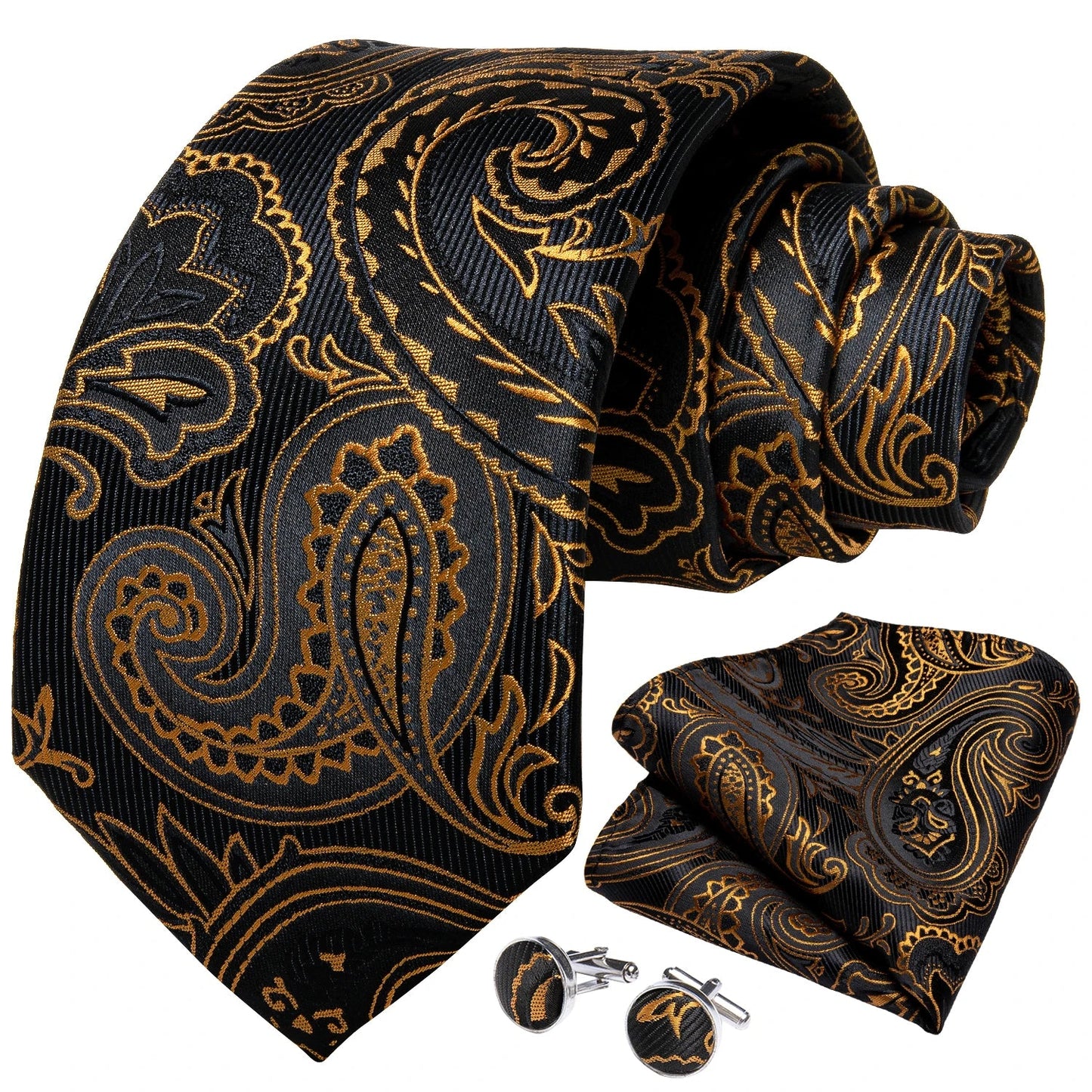 maoxiangshop Brand Suit Vest Set For Men Luxury Silk Black Gold Paisley Dress Vest Tie Cufflinks Handkerchief Set Male Sleeveless Waistcoat