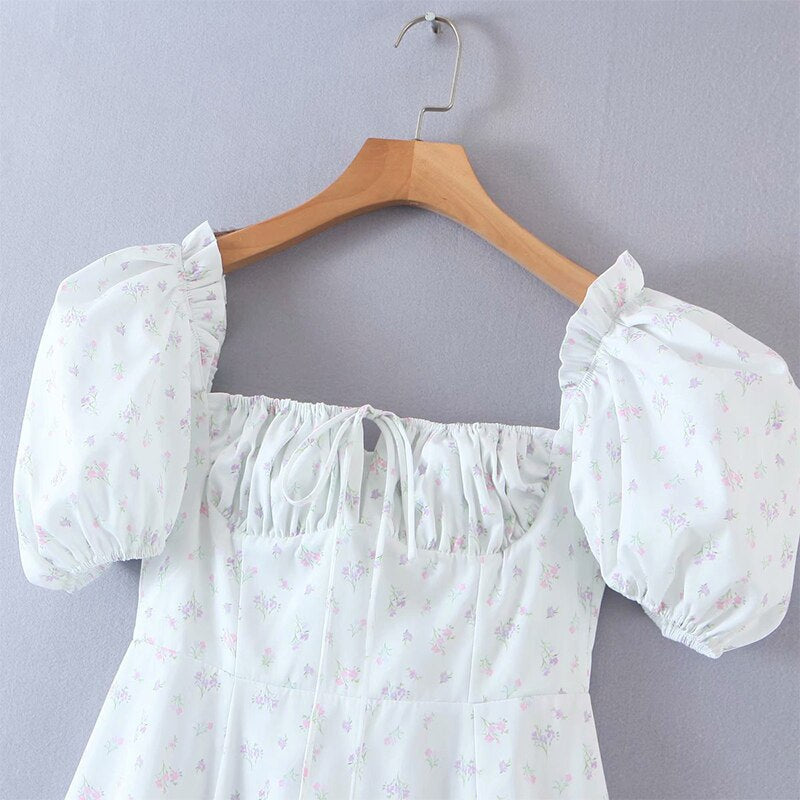 maoxiangshop Sweet Floral Print Holiday Party Long Dress Women Sexy Neck Puff Sleeve Hem Slits Elegant Ladies Dress Summer Robe