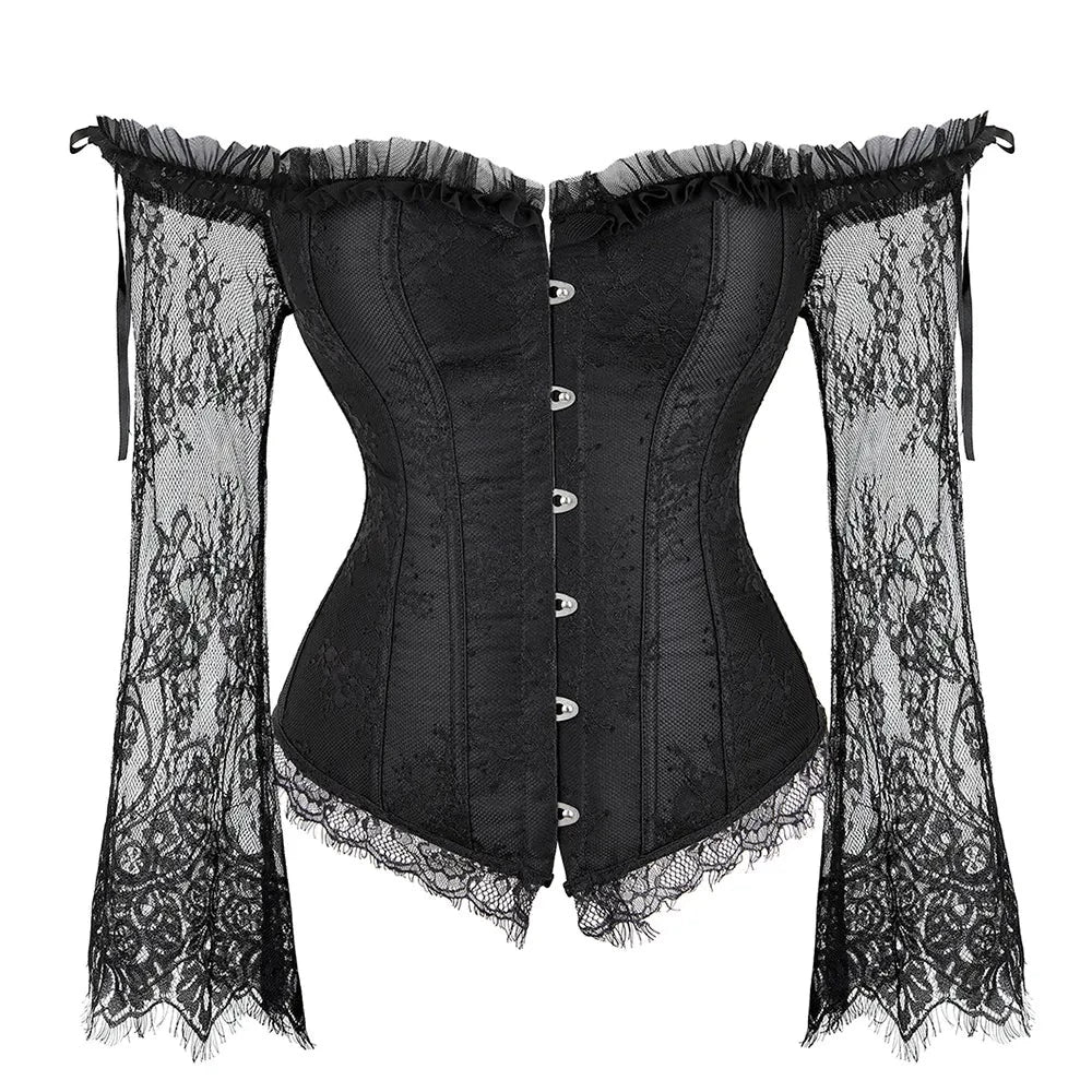 maoxiangshop Corset Top Bustier Lingerie Women with Long Sleeves Renaissance Plus Size Lace Floral Sexy Costumes Burlesque Red Black
